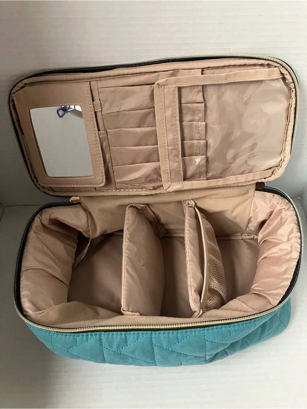 Quilted Teal Cosmetic Travel Case with Gold Zipper Compartments Brush Organizer